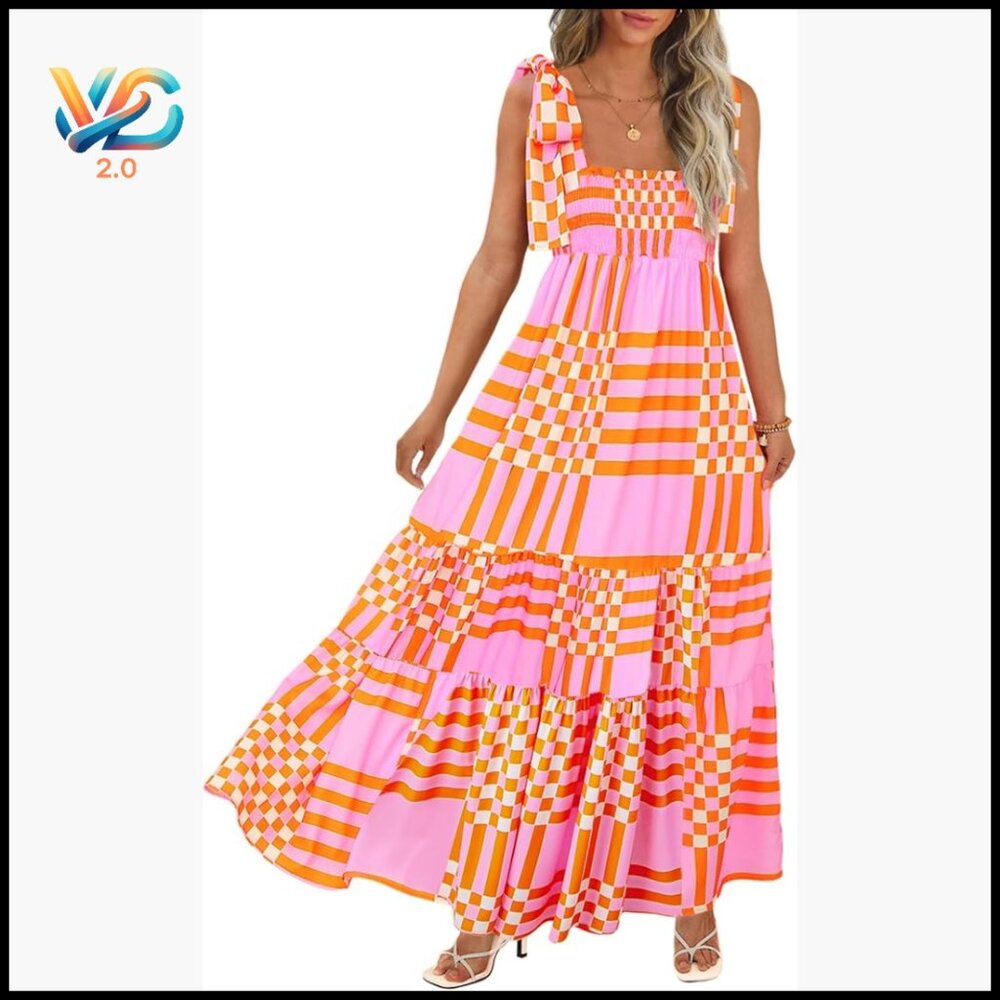 Summer Maxi Dress Boho Spaghetti Straps A-Line Smocked Beach Casual
